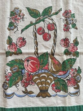 Vintage Fruit Basket Linen Towel with Red, Green, Brown Print